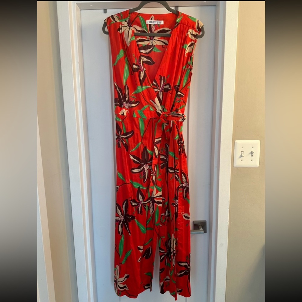 Zara Basic Red Floral Wrap Jumpsuit